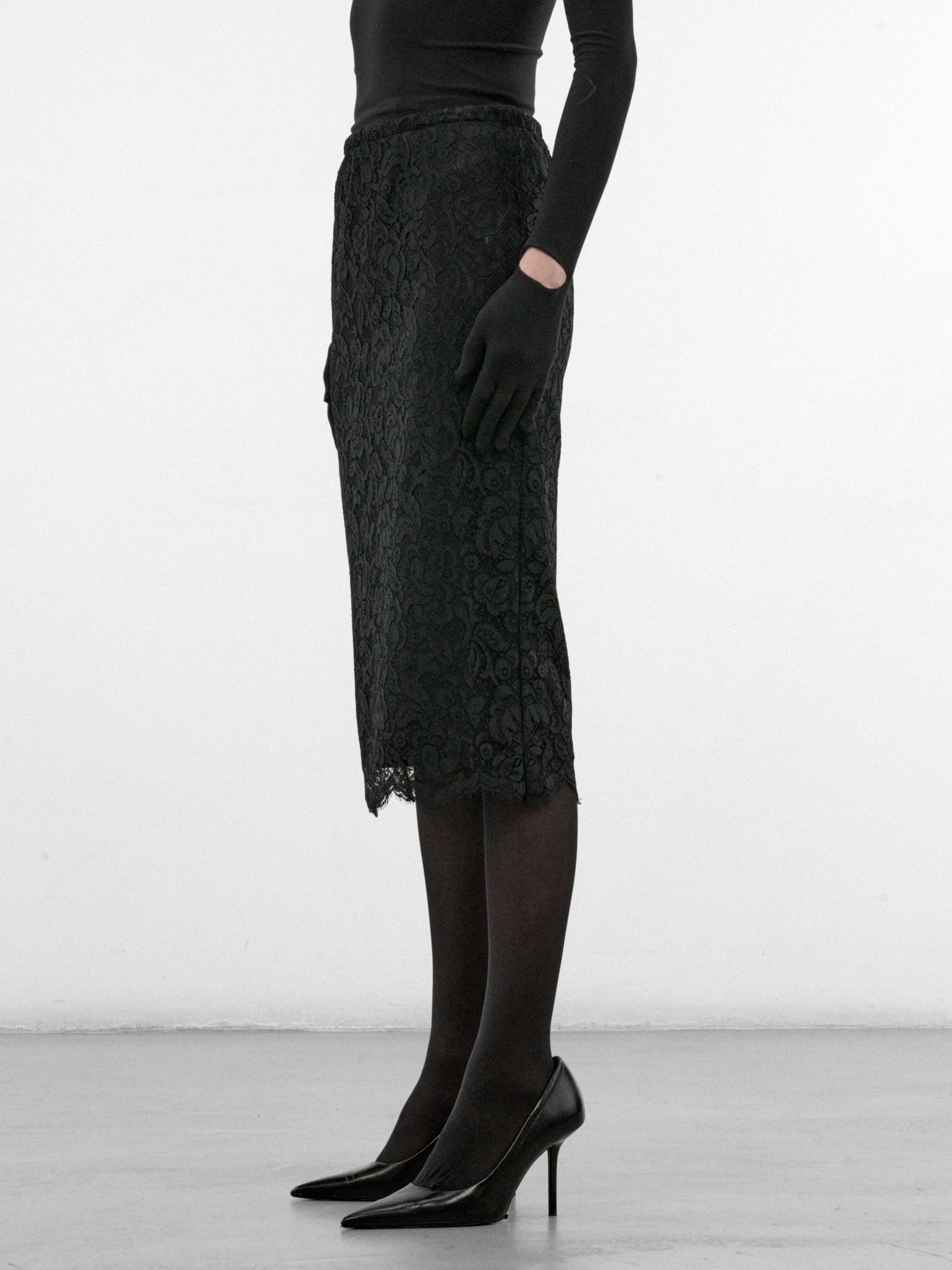 Black Floral Lace Midi Skirt (S7-M-8048-9999-BLACK)