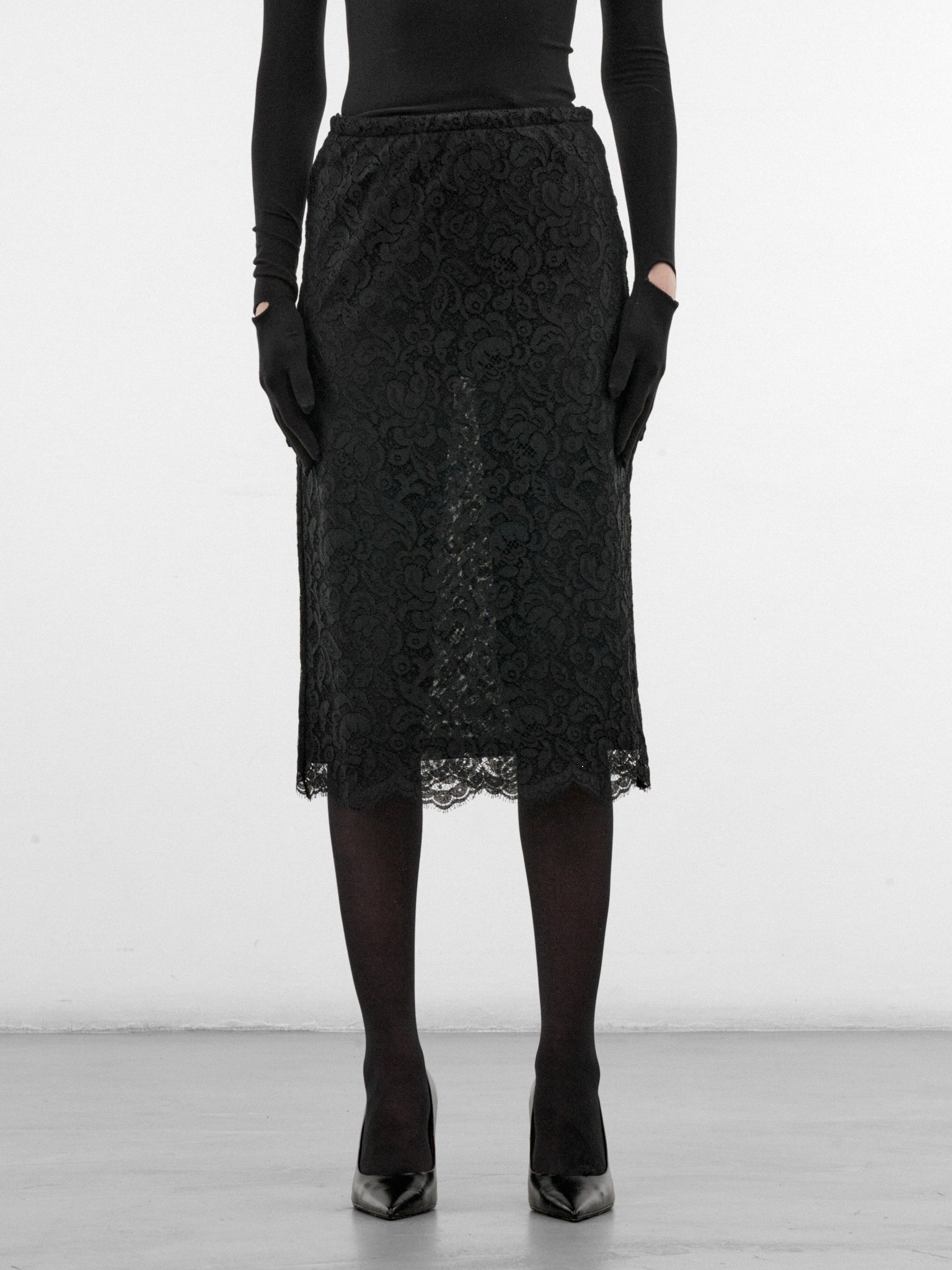 Black Floral Lace Midi Skirt (S7-M-8048-9999-BLACK)