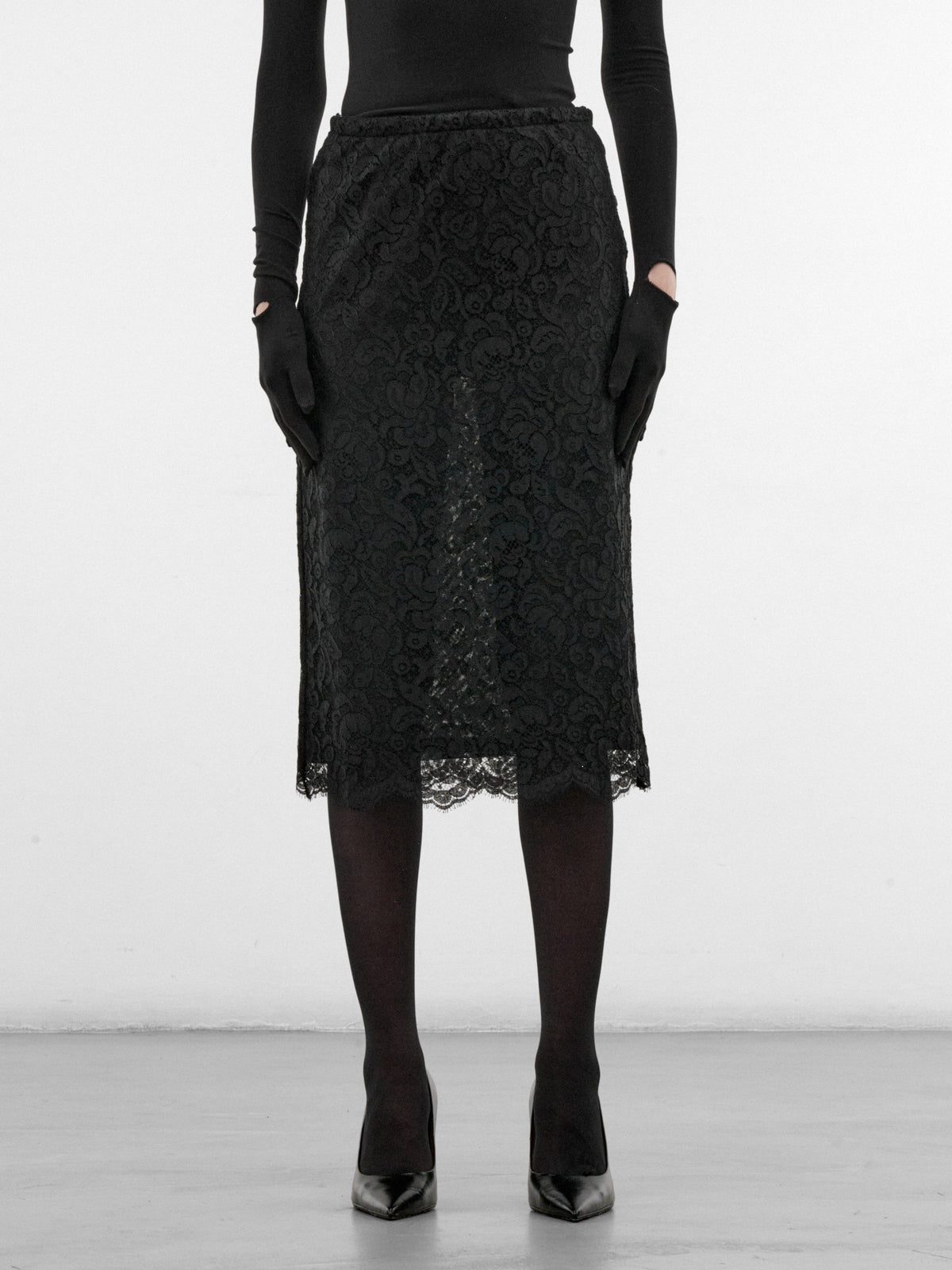 Black Floral Lace Midi Skirt (S7-M-8048-9999-BLACK)