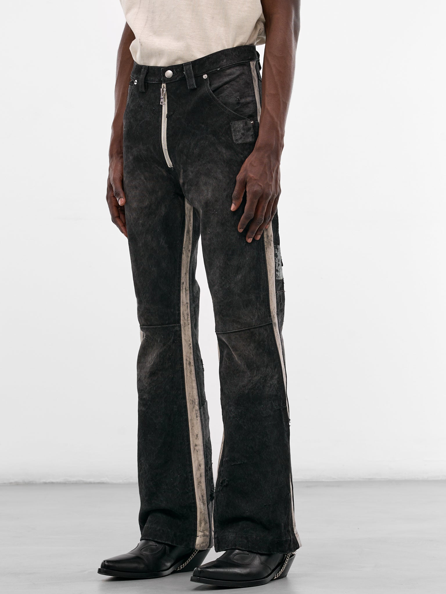 Mailbag Patchwork Western Flare Pants (SEK-FW25-PNT11-BLACK-MAILBAG)