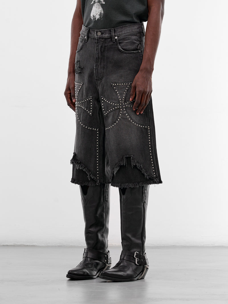 Black Studded Chopper Carpenter Shorts (SEK-ONT06-WASHED-BLACK-SS26)