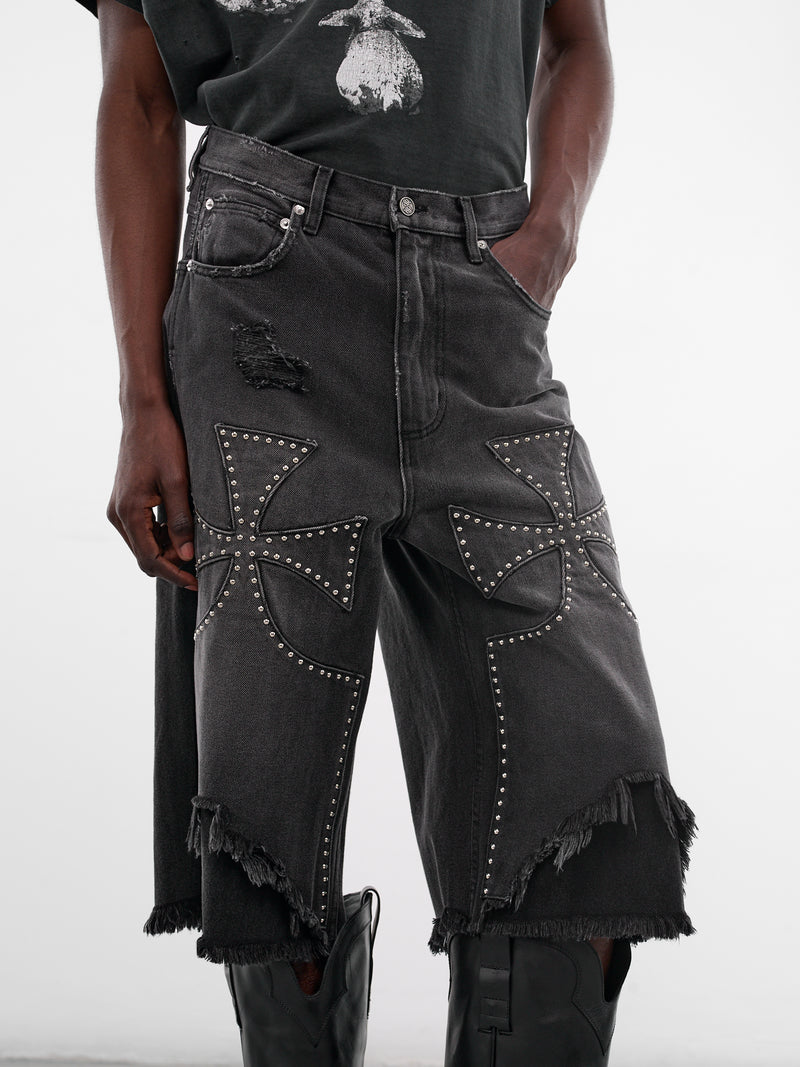 Black Studded Chopper Carpenter Shorts (SEK-ONT06-WASHED-BLACK-SS26)