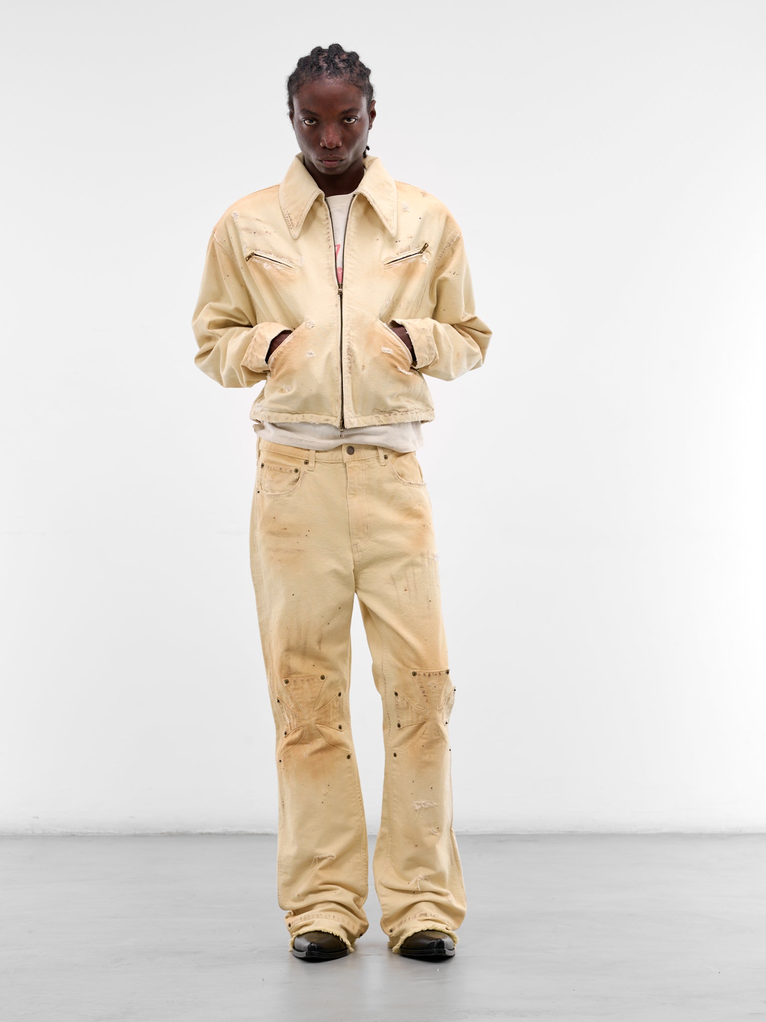White Distressed Chopper Carpenter Pants (SEK-PNT01-WHITE-SS26)