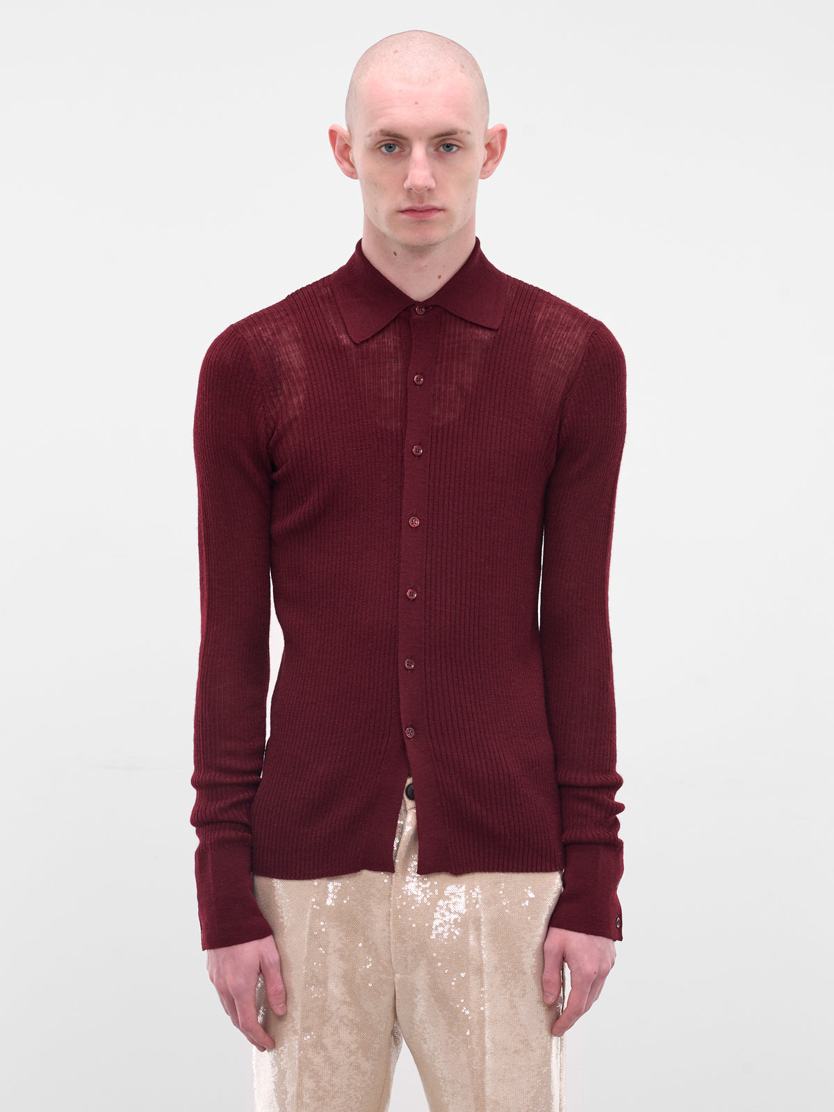 Red Rib-Knit Button-Up Shirt (SH-002-A-RED)