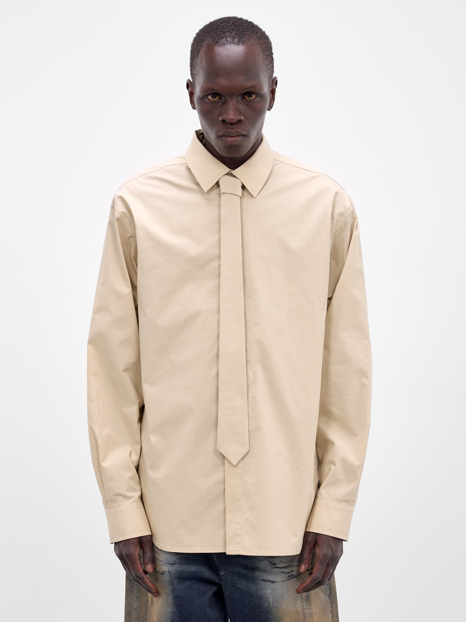 Beige Necktie Button-Up Shirt (SH0-26-140-U-LB-LIGHT-BEIGE)