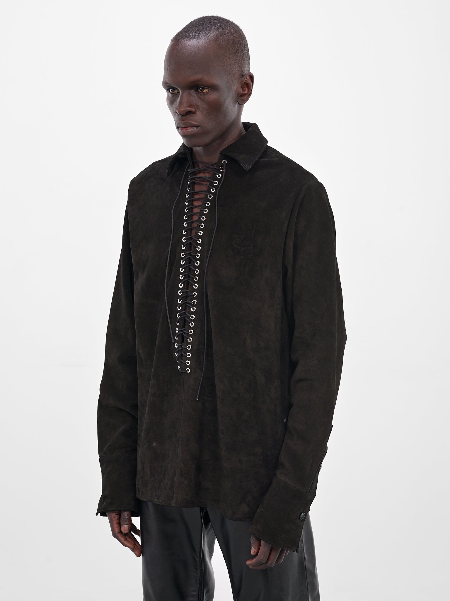 Black Suede Lace-Up Shirt (SH010-U-SPLIT-BLACK)