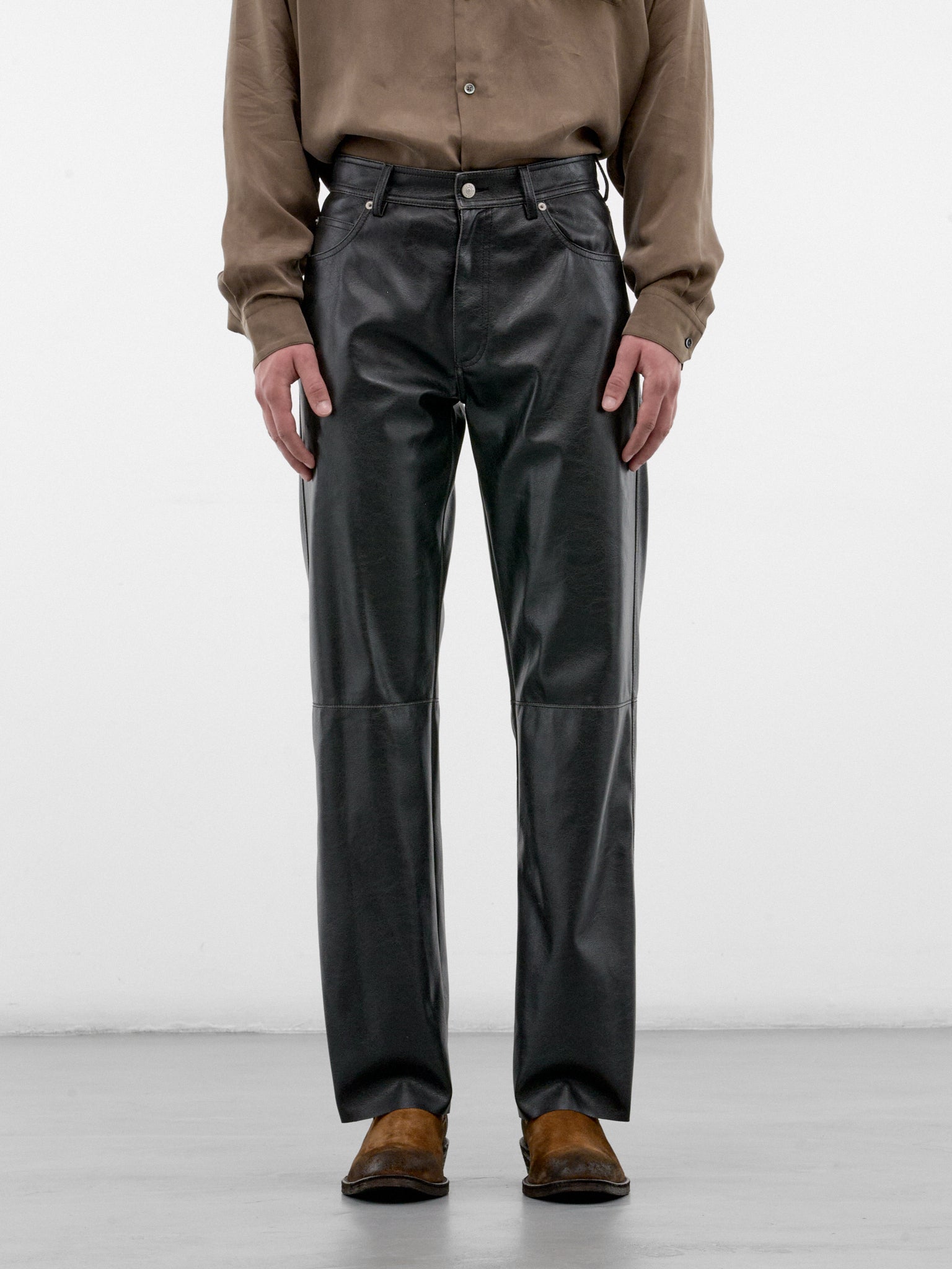 Black Leather Straight Leg Jeans (SH0LA0046-M35455-900-BLACK)