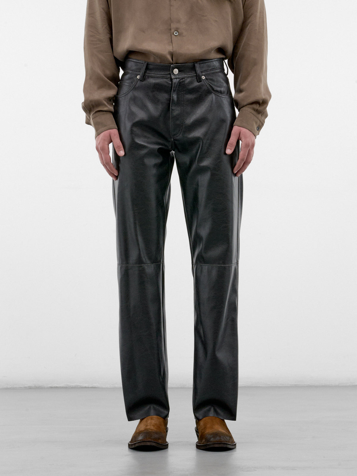 Black Leather Straight Leg Jeans (SH0LA0046-M35455-900-BLACK)