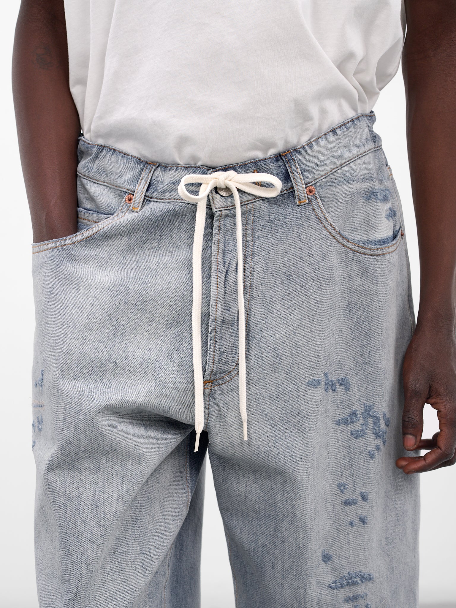 Blue Distressed Denim Drawstring Shorts (SH0MU0014-M30055-LIGHT-BLUE)