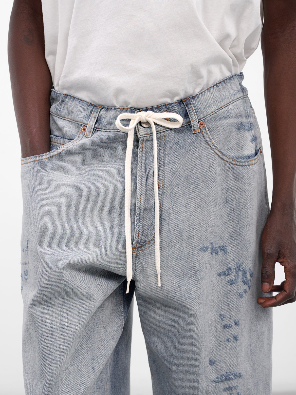 Blue Distressed Denim Drawstring Shorts (SH0MU0014-M30055-LIGHT-BLUE)