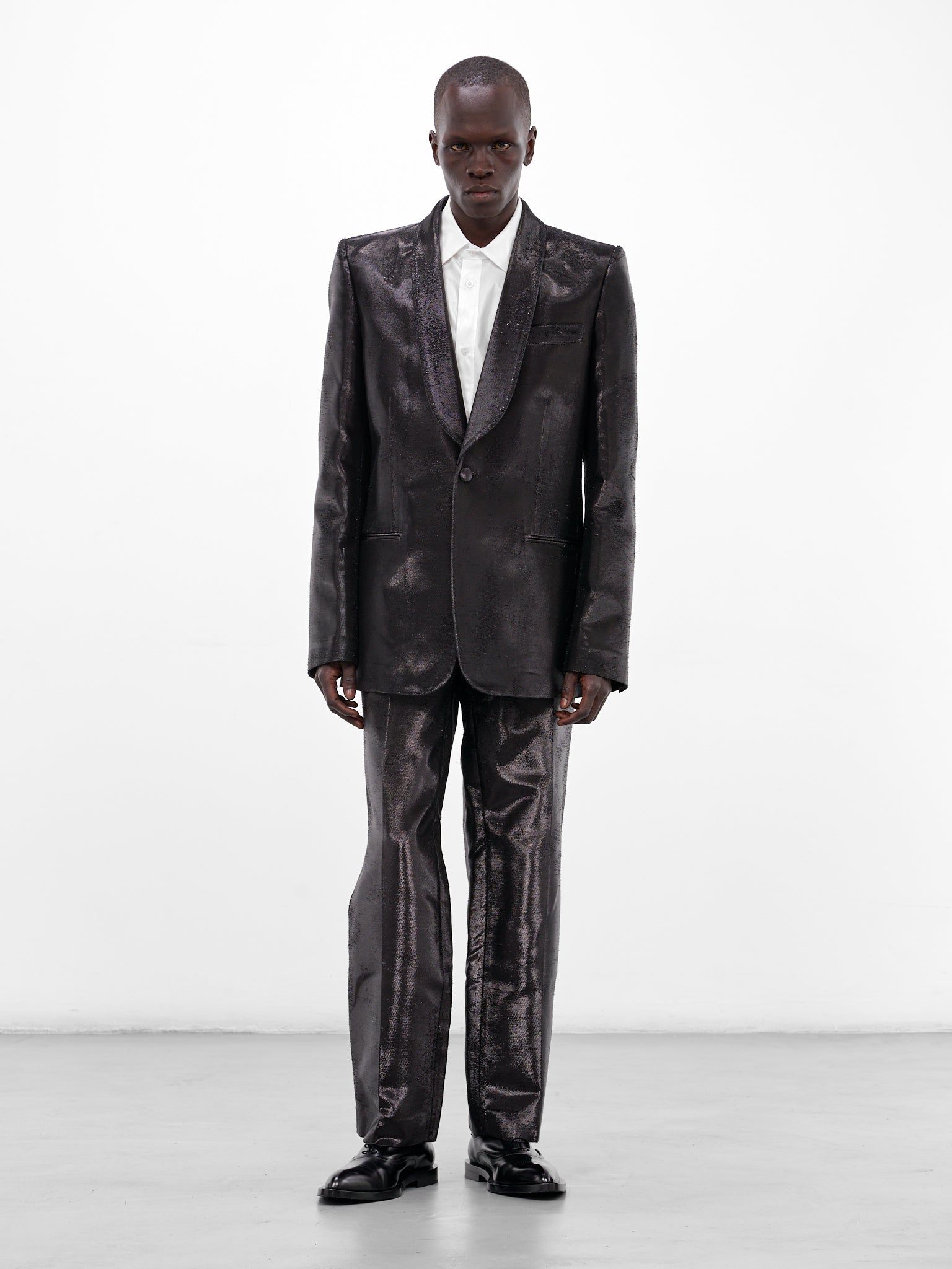 Black Distressed Jacquard Shine Trousers (SH2KA0036-M35610-900-BLACK)