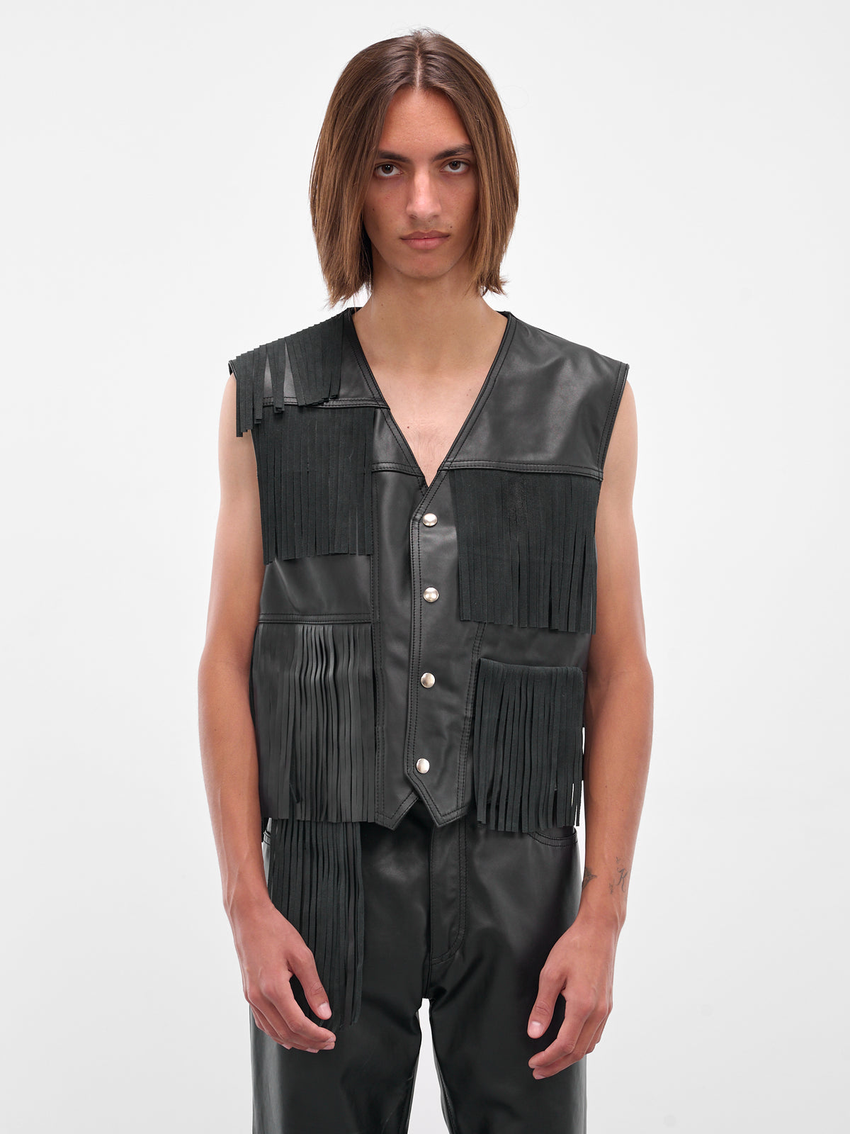 Black Fringed Leather Vest (SH2FB0020-M07005-900-BLACK)