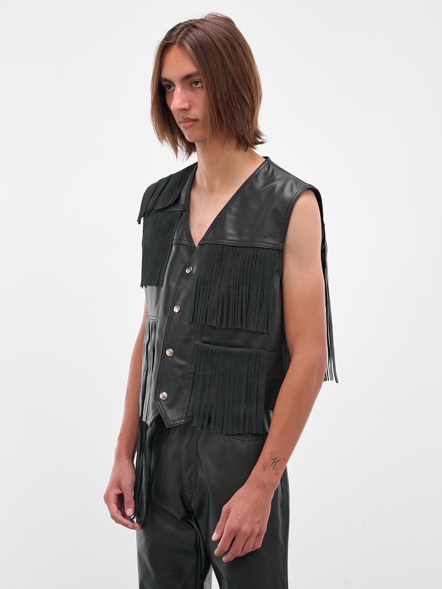 Black Fringed Leather Vest (SH2FB0020-M07005-900-BLACK)