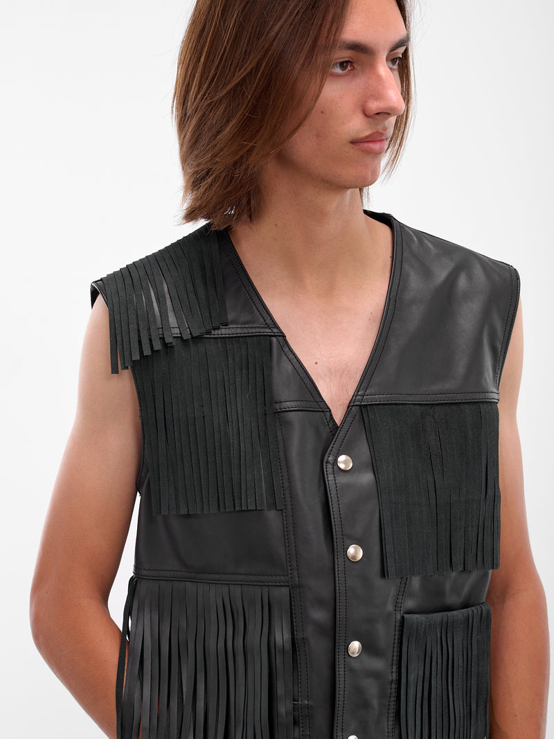 Black Fringed Leather Vest (SH2FB0020-M07005-900-BLACK)