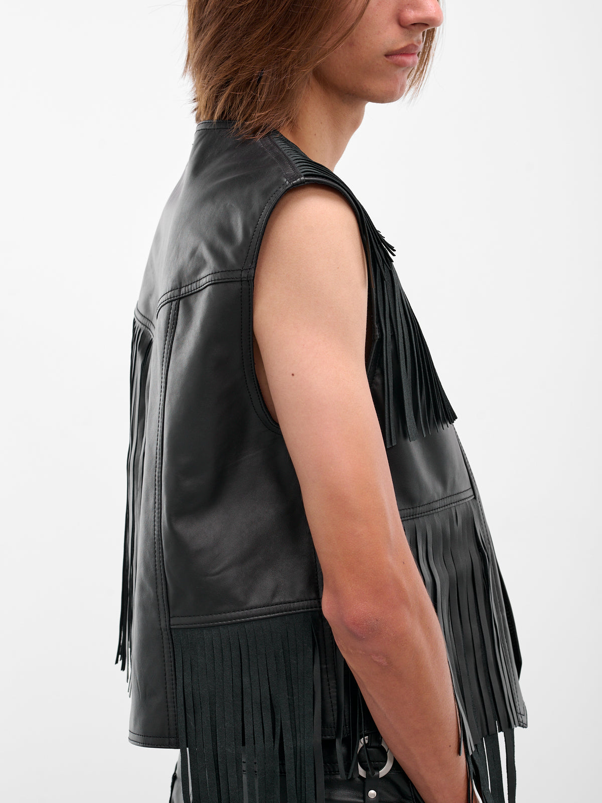 Black Fringed Leather Vest (SH2FB0020-M07005-900-BLACK)