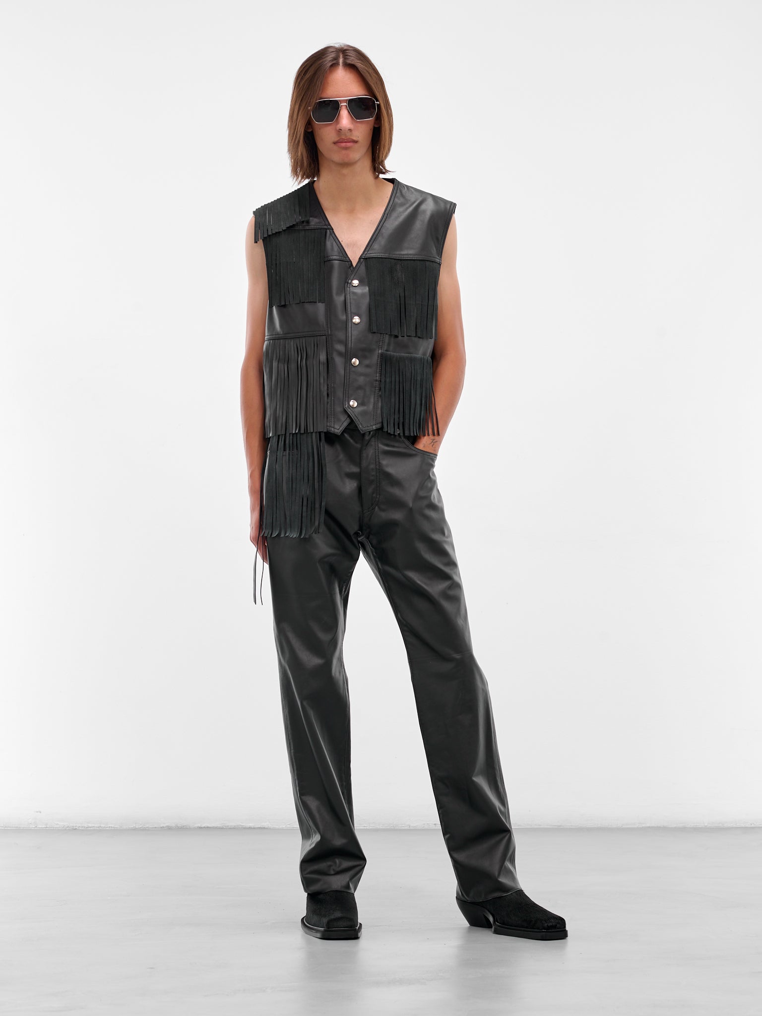 Black Fringed Leather Vest (SH2FB0020-M07005-900-BLACK)