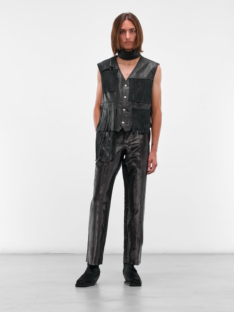 Black Distressed Jacquard Shine Trousers (SH2KA0036-M35610-900-BLACK)