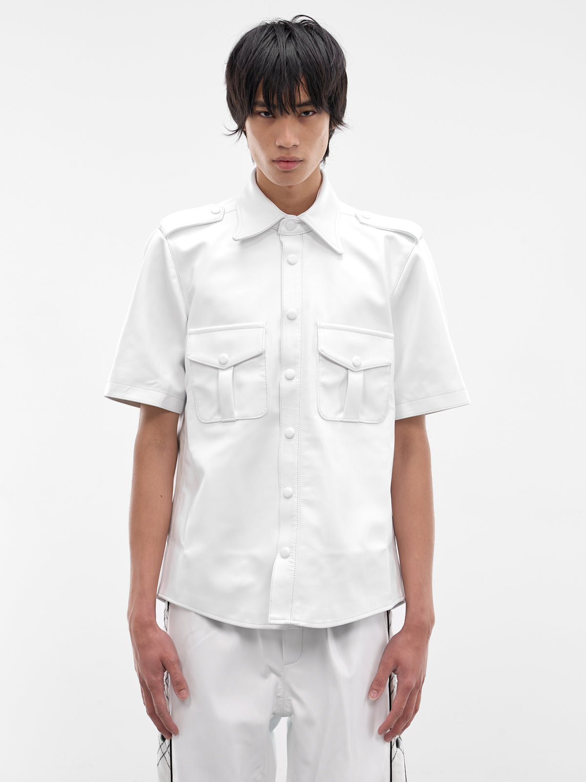 White Leather Short Sleeve Shirt (SH34L-LE68-WHITE)