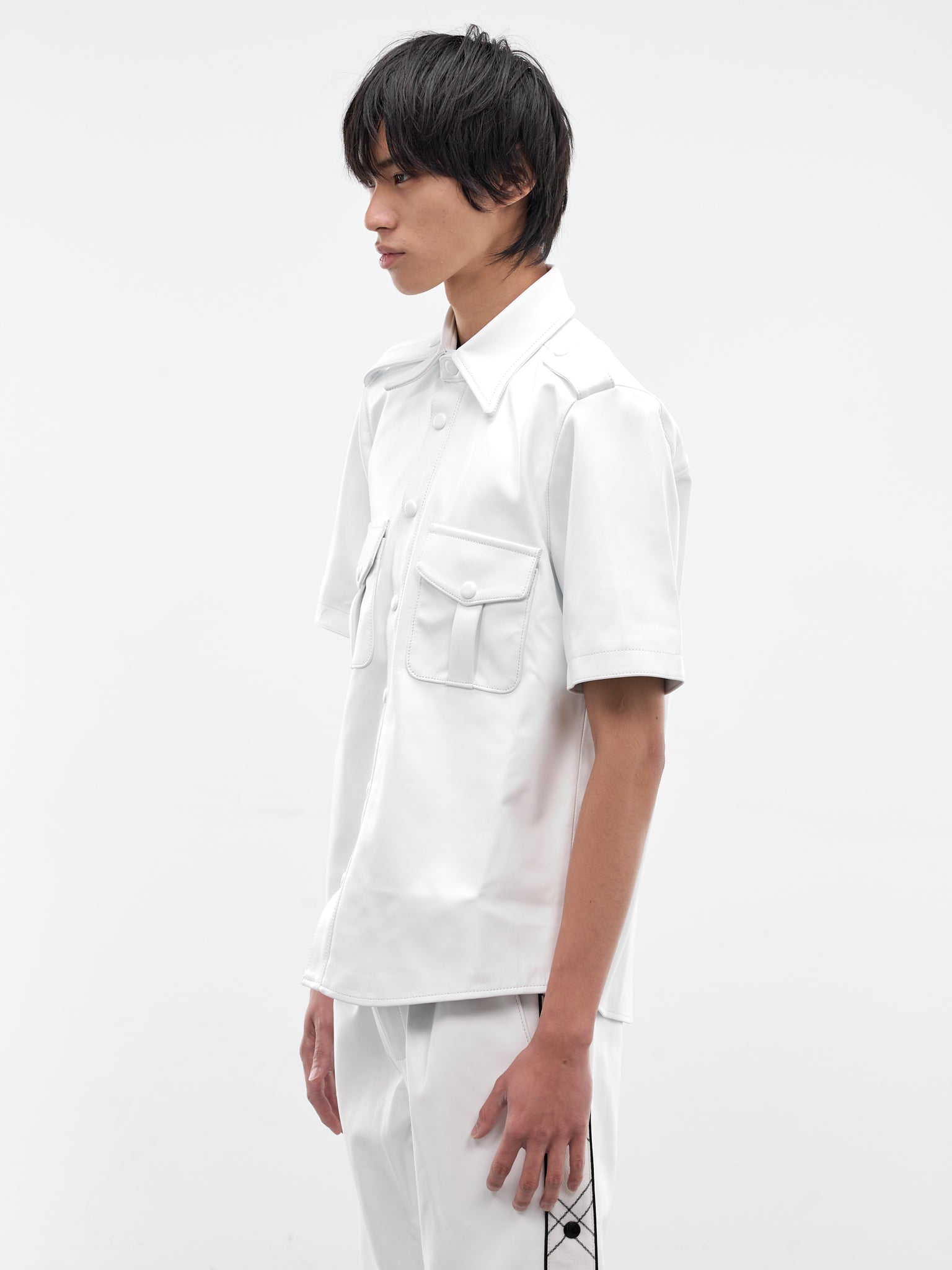 White Leather Short Sleeve Shirt (SH34L-LE68-WHITE)
