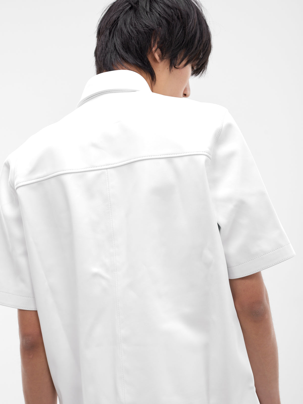 White Leather Short Sleeve Shirt (SH34L-LE68-WHITE)