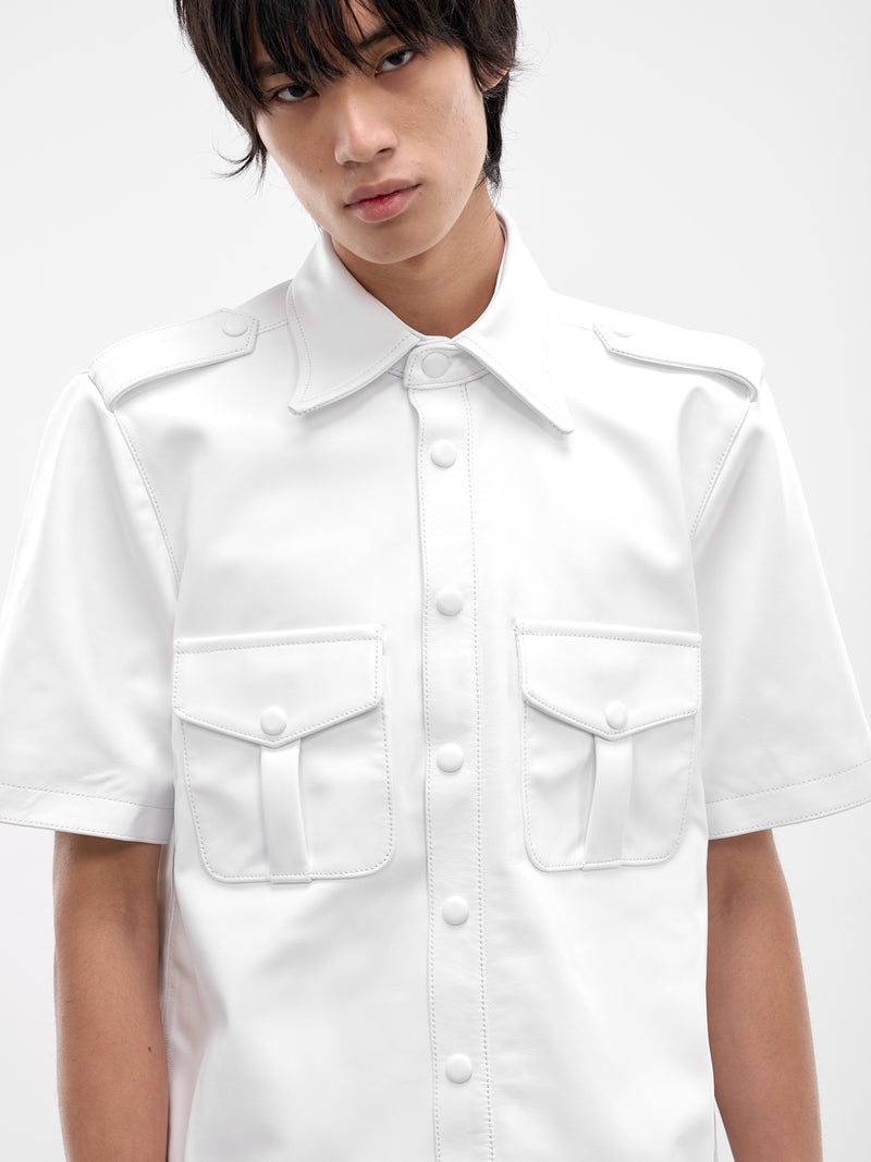 White Leather Short Sleeve Shirt (SH34L-LE68-WHITE)