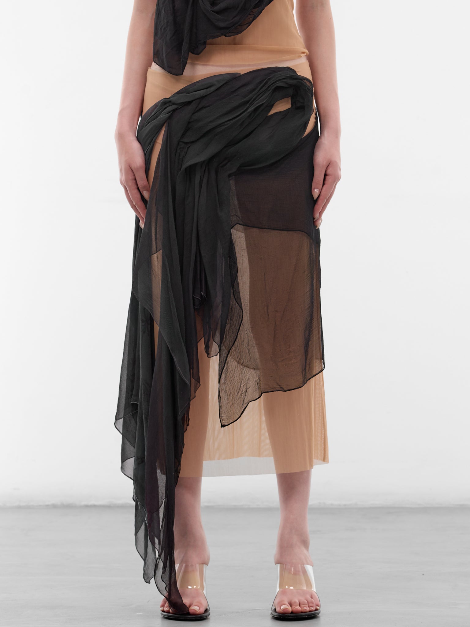 Draped Silk & Mesh Midi Skirt (SK-SIM-1-BLACK-MESH)