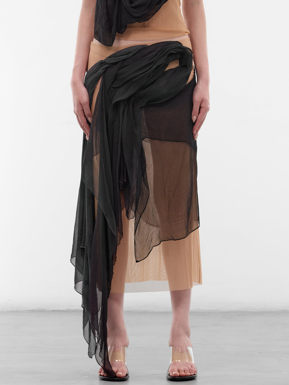 Draped Silk & Mesh Midi Skirt (SK-SIM-1-BLACK-MESH)