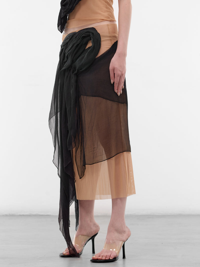 Draped Silk & Mesh Midi Skirt (SK-SIM-1-BLACK-MESH)