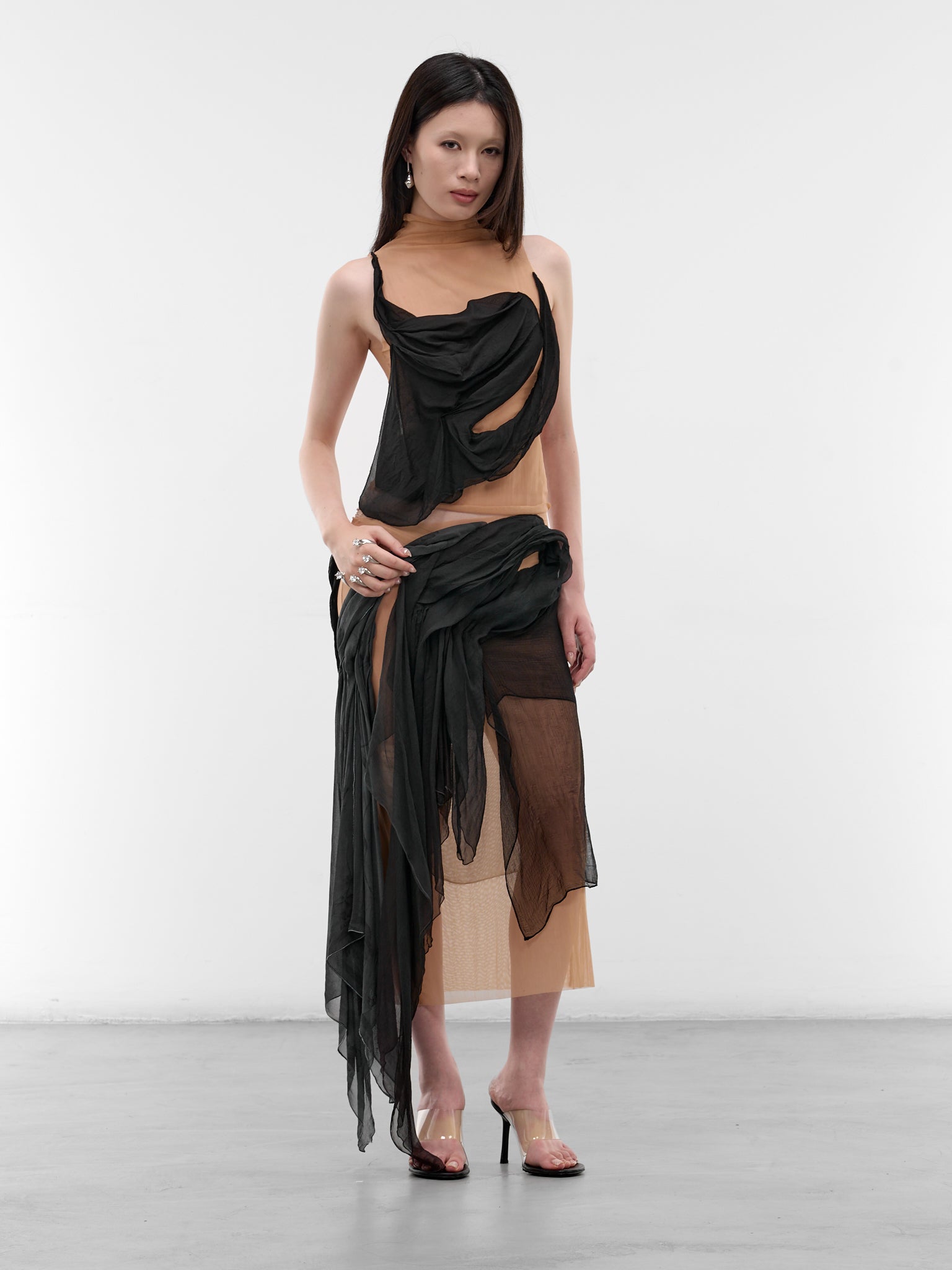 Draped Silk & Mesh Midi Skirt (SK-SIM-1-BLACK-MESH)