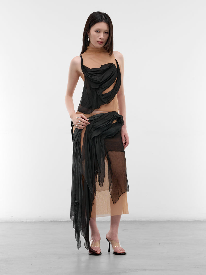 Layered Draped Silk & Mesh Top (TO-SIM-1-BLACK-MESH)