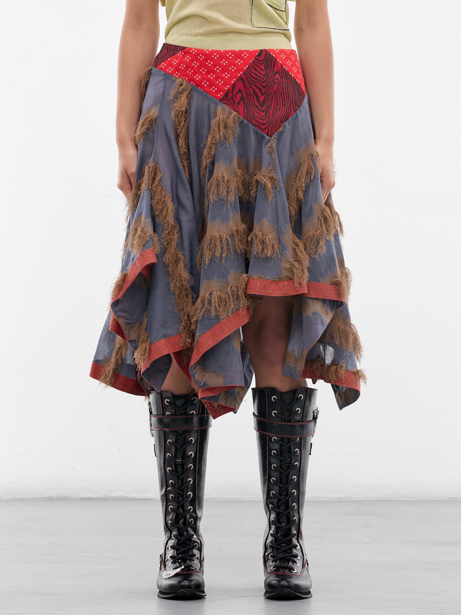 Klapheck Patchwork Fringe Midi Skirt (SK01-64-BLUE-SANDSTONE)