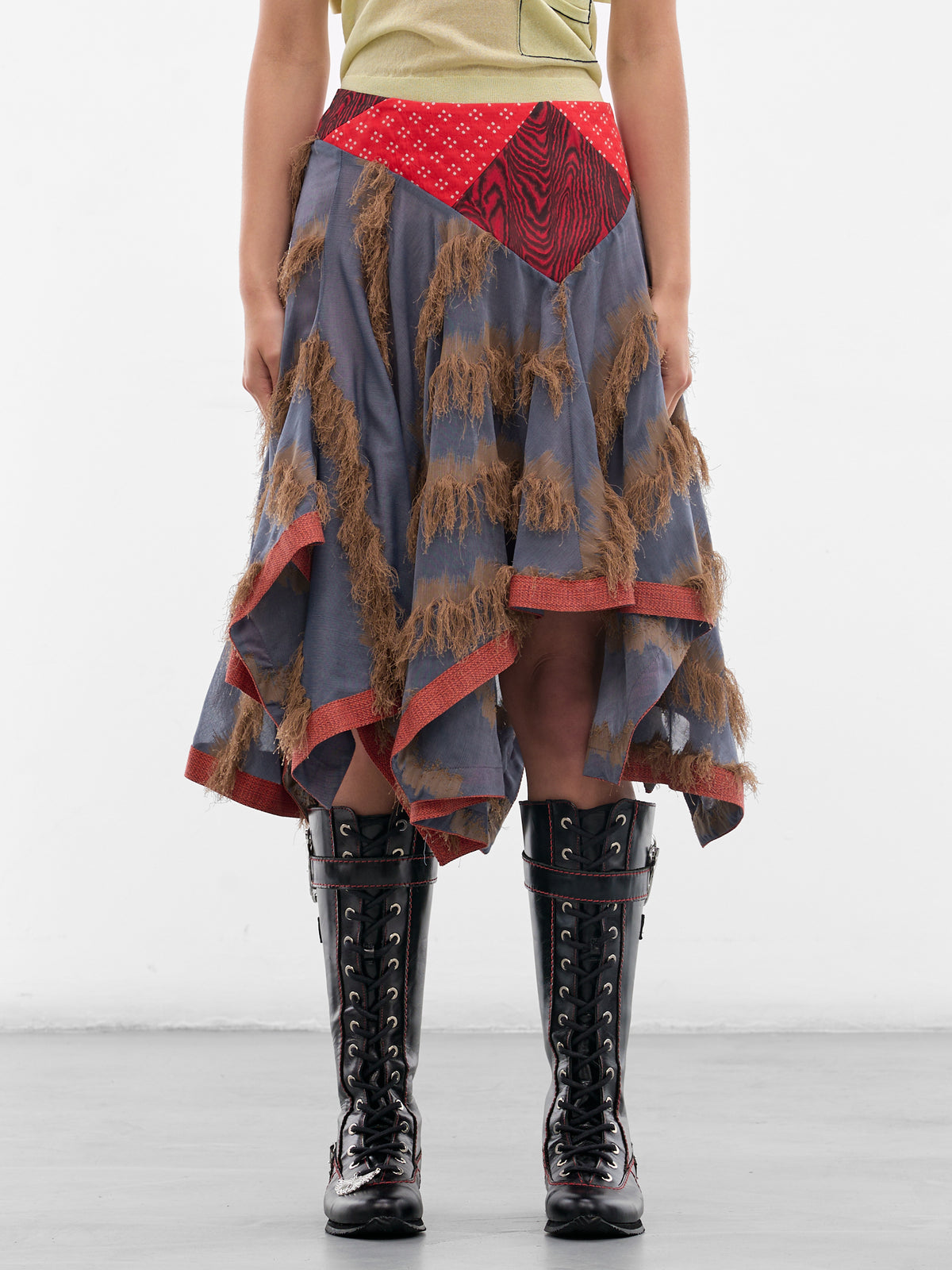 Klapheck Patchwork Fringe Midi Skirt (SK01-64-BLUE-SANDSTONE)