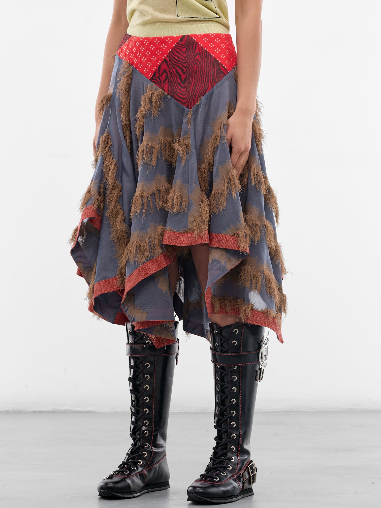 Klapheck Patchwork Fringe Midi Skirt (SK01-64-BLUE-SANDSTONE)