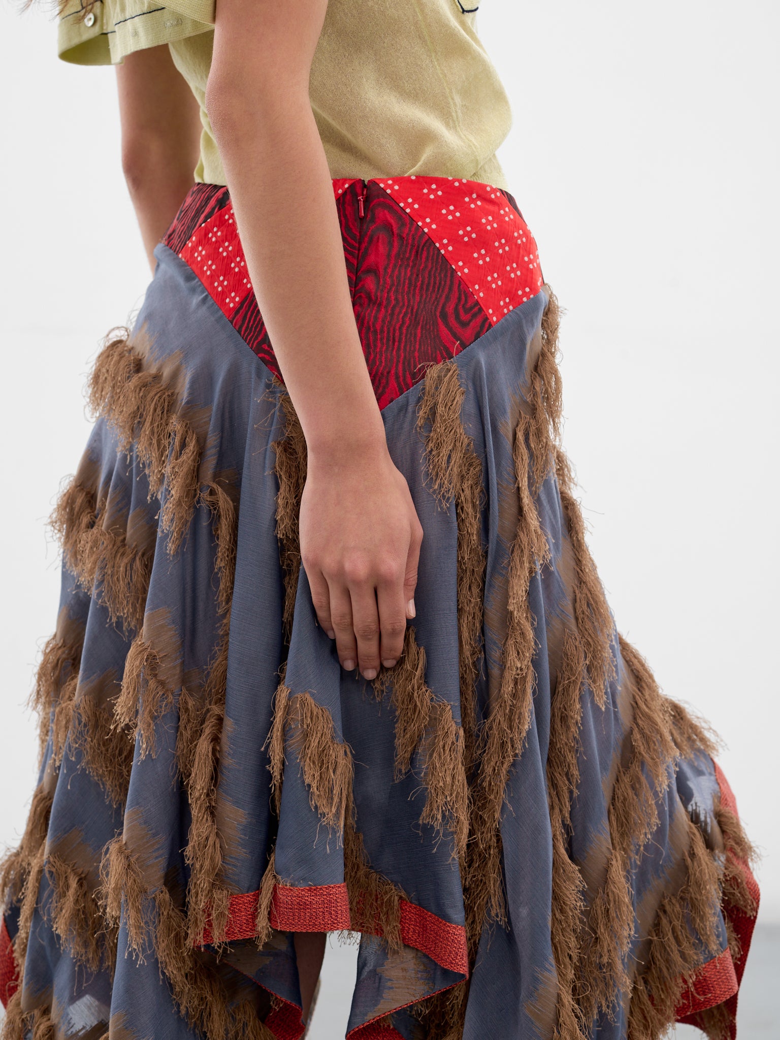 Klapheck Patchwork Fringe Midi Skirt (SK01-64-BLUE-SANDSTONE)