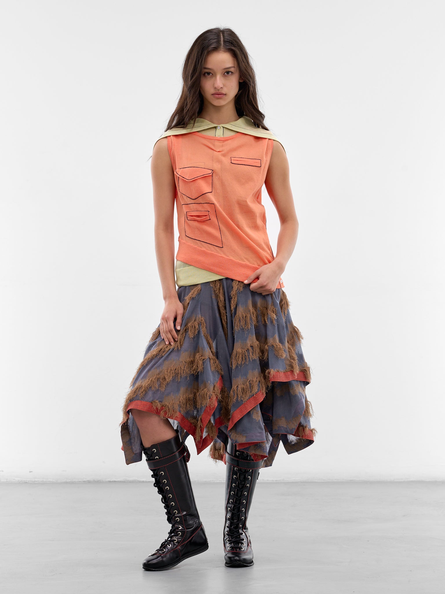 Klapheck Patchwork Fringe Midi Skirt (SK01-64-BLUE-SANDSTONE)