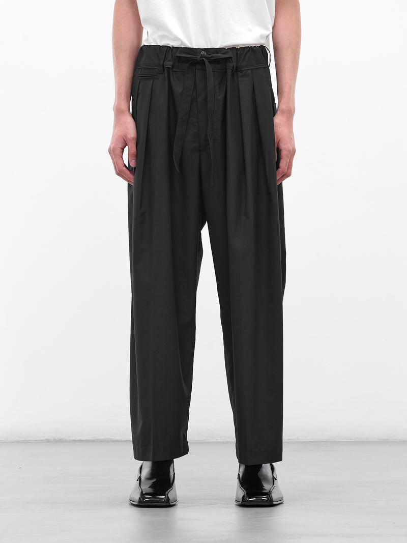 Black Pleated Drawstring Wide Trousers (SLEC-HP-BL-BLACK)