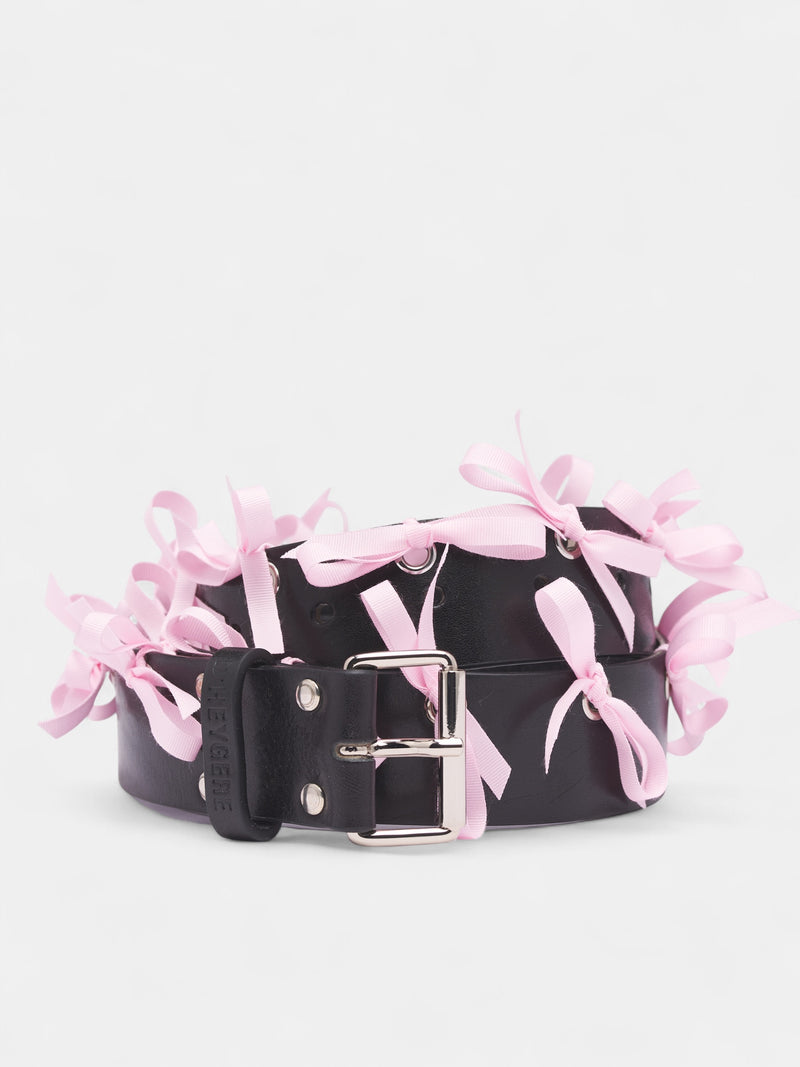Pink Bow Eyelet Leather Belt (SLG01-BLACK-SILVER-PINK)
