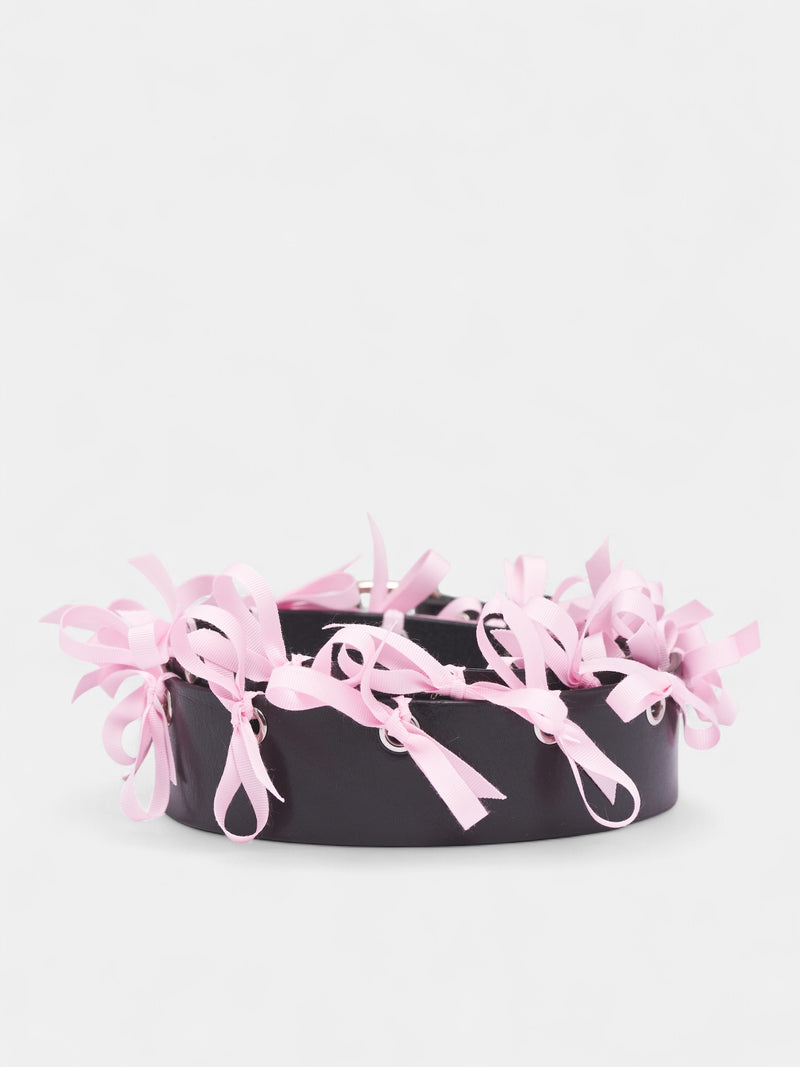 Pink Bow Eyelet Leather Belt (SLG01-BLACK-SILVER-PINK)