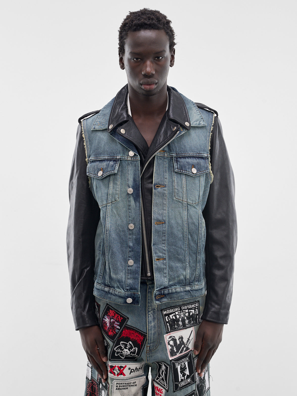 Layered Denim & Leather Biker Jacket (SMJ03AP-PE244-999-BLACK-BLUE)