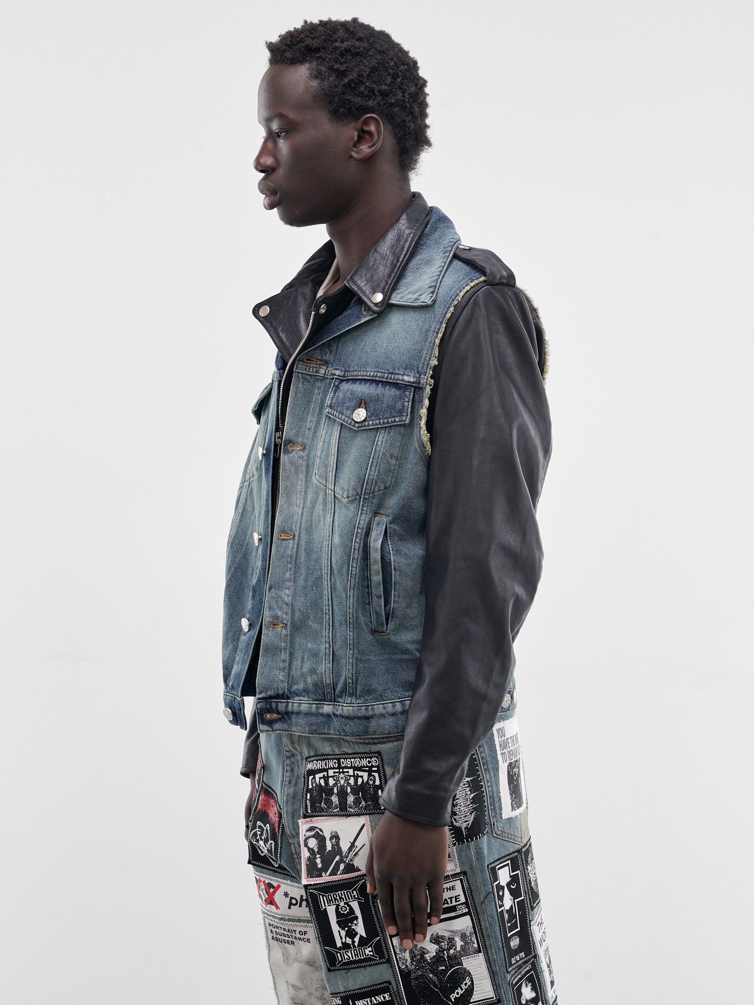Layered Denim & Leather Biker Jacket (SMJ03AP-PE244-999-BLACK-BLUE)