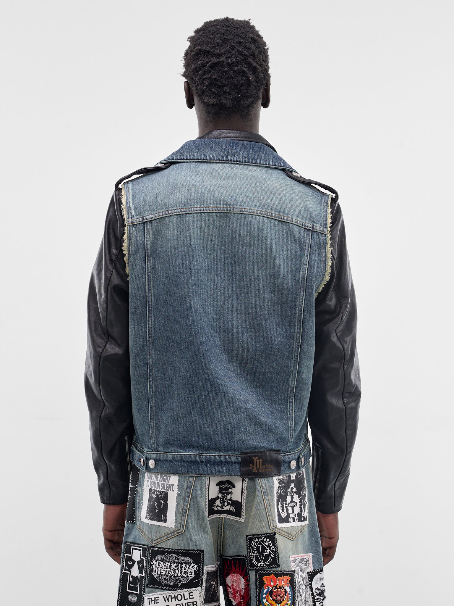 Layered Denim & Leather Biker Jacket (SMJ03AP-PE244-999-BLACK-BLUE)