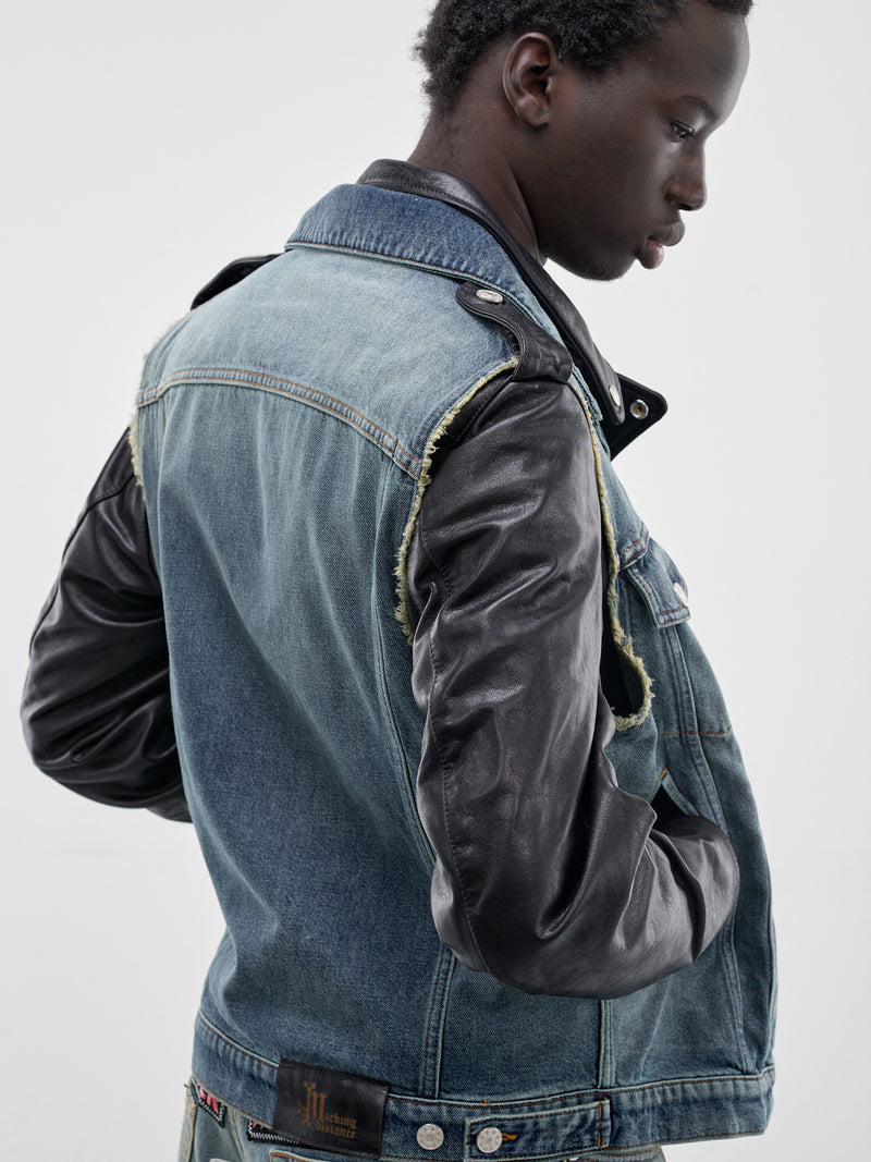Layered Denim & Leather Biker Jacket (SMJ03AP-PE244-999-BLACK-BLUE)