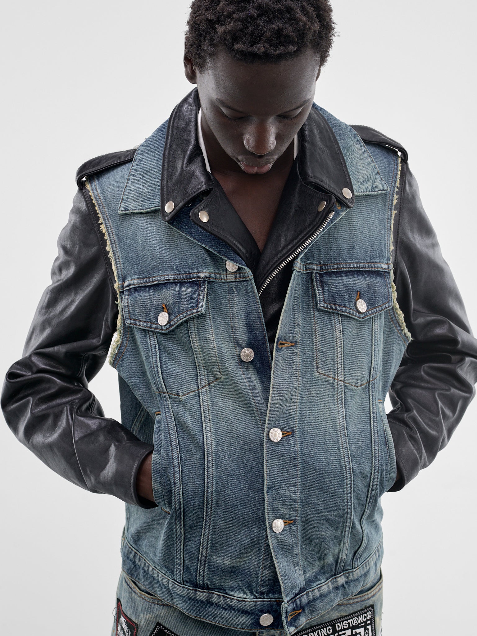 Layered Denim & Leather Biker Jacket (SMJ03AP-PE244-999-BLACK-BLUE)