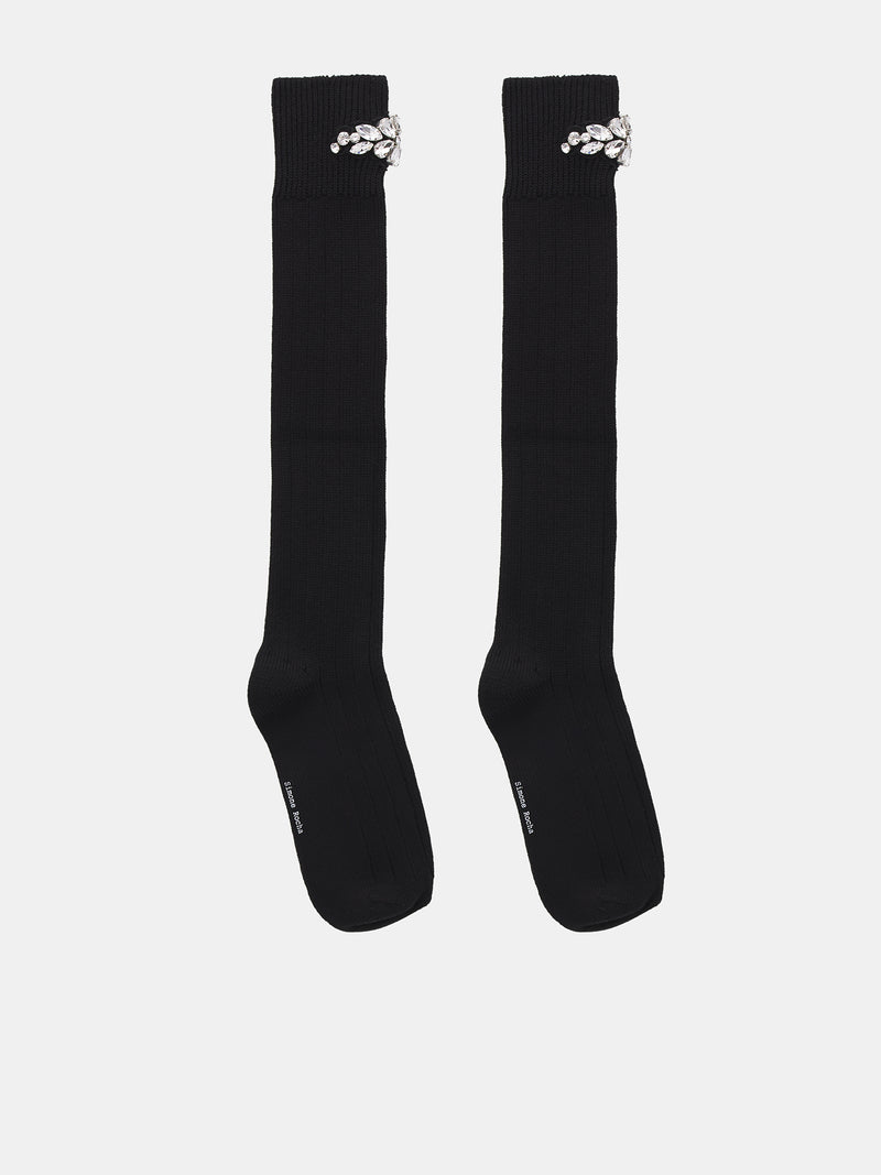 Flower Crystal Knee High Socks (SOCK55-BLACK-CRYSTAL)