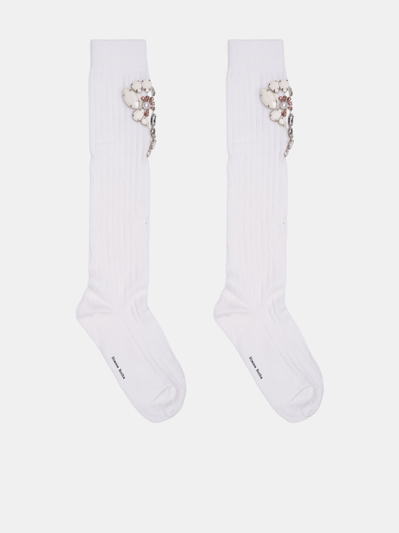 Knee Poppy Crystal Flower Socks (SOCK69B-0647-IVORY-OPAQUE-CLEA)