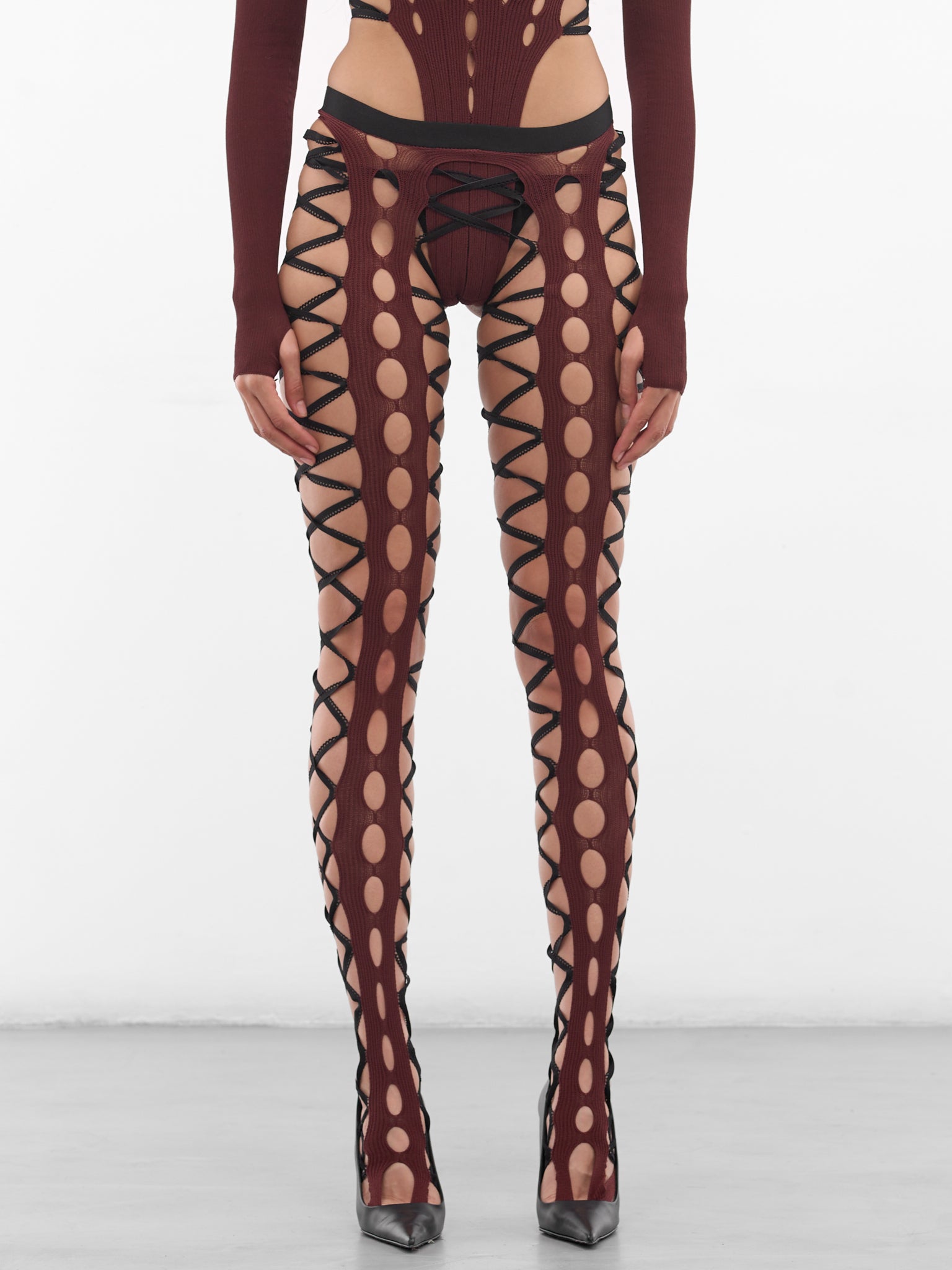 Burgundy Squiggle Knit Cut-Out Tights (SQUIGGLE-KNIT-TIGHTS-BURGUNDY)