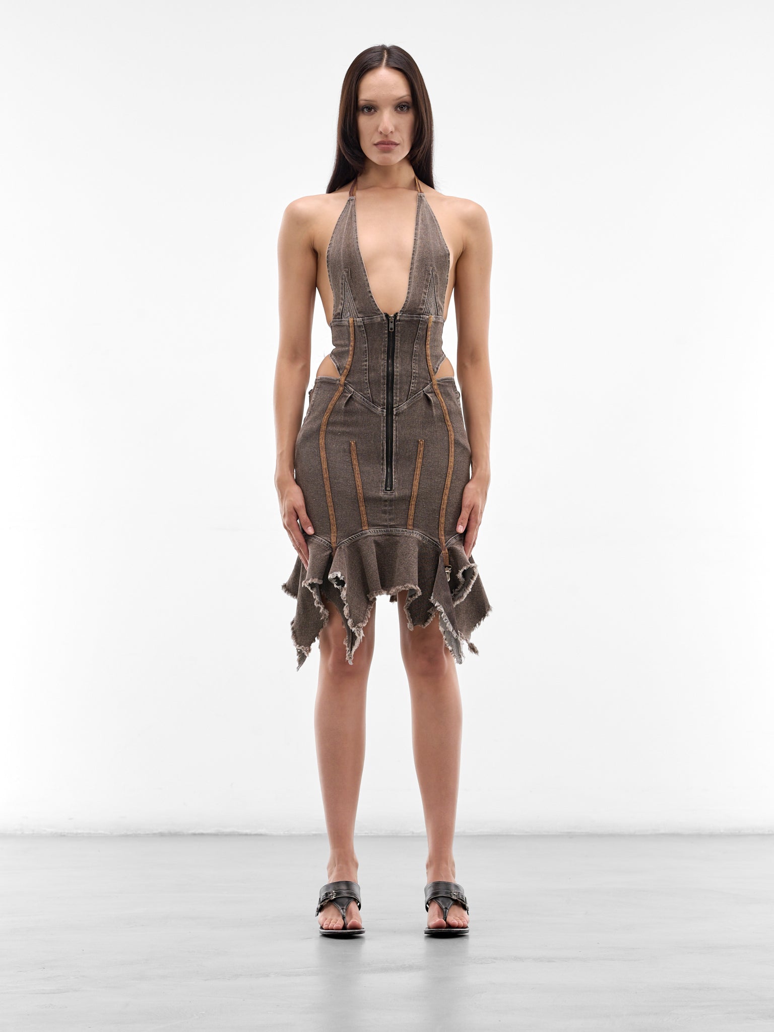 Coffee Distressed Denim Halter Dress (SS26-DR-03DBR-COFFEE)