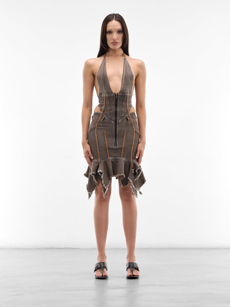 Coffee Distressed Denim Halter Dress (SS26-DR-03DBR-COFFEE)