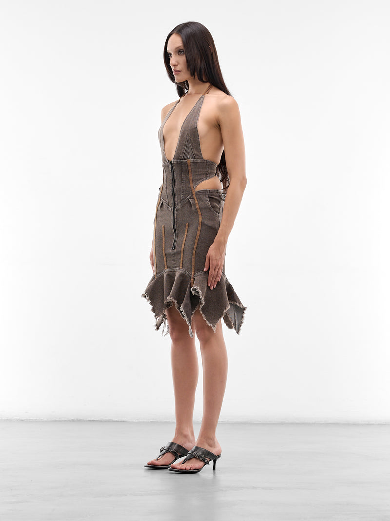 Coffee Distressed Denim Halter Dress (SS26-DR-03DBR-COFFEE)