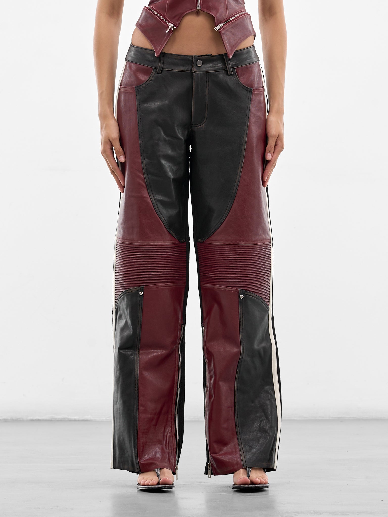 Leather & Wool Patchwork Rider Pants (SS26-PA-03-BLACK-RED)